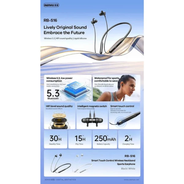 Remax Wireless Neckband Earphone Bluetooth for Sport and Gym RB-S16 - Image 8