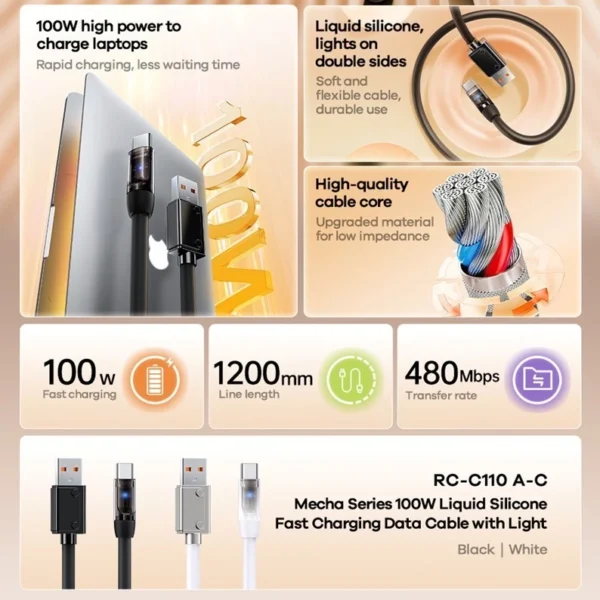 Remax 100W Type C Cable with Light Quick Charging Data Cable for Phone and Laptop RC-C110 BLACK - Image 5