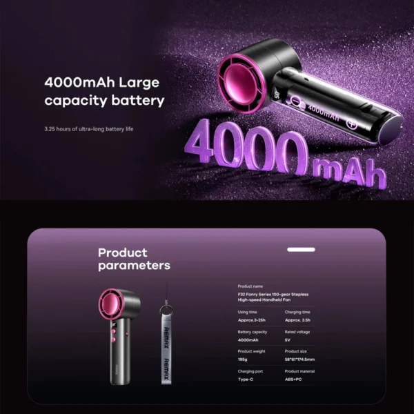 Remax 100-gear High-speed Handheld Fan with 4000mAh  F32 - Image 2