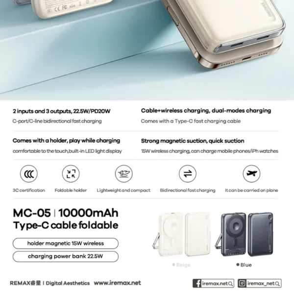 Remax 10000mAh Powerbank 22.5W Magnetic Wireless with Type-c Cable for Mobile Phone MC-05 - Image 6